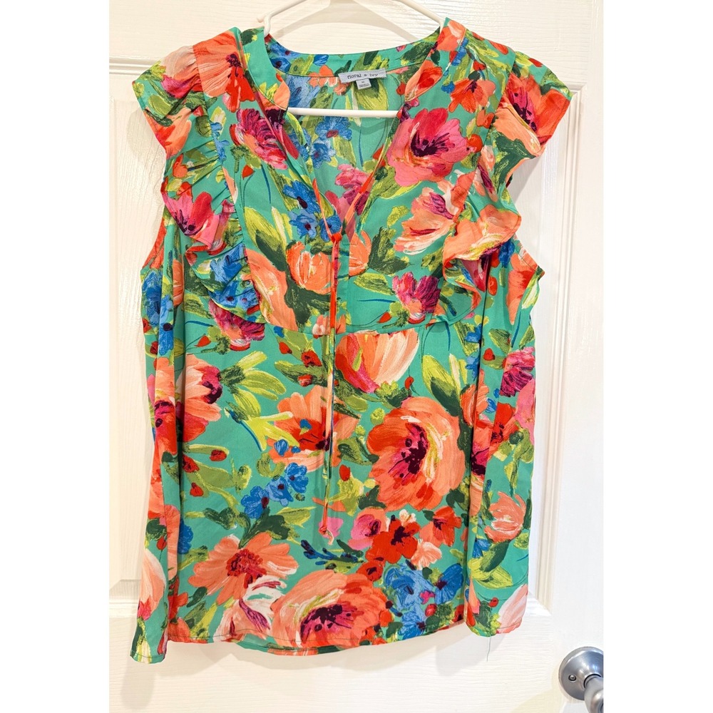 Floral & Ivy Blouse Women Size M Green Good Ruffle Flutter Sleeve Floral Print